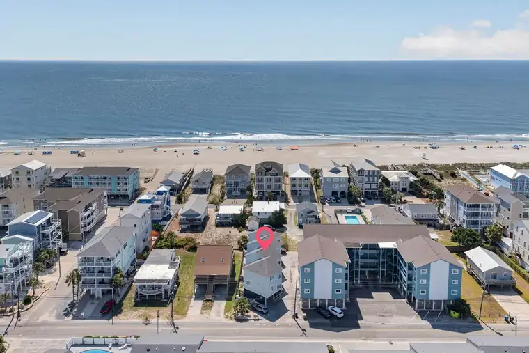 Aerial view of the beach and boardwalk area